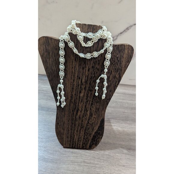 Vintage Style Pearl Beaded Opera Tassel Necklace 44" Handmade  cream - Picture 1 of 5